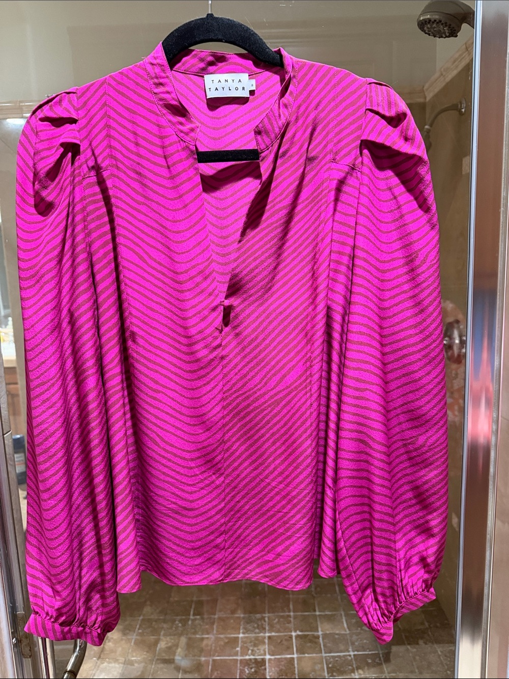 Tanya Taylor Fuchsia Striped Puff-Sleeve Blouse